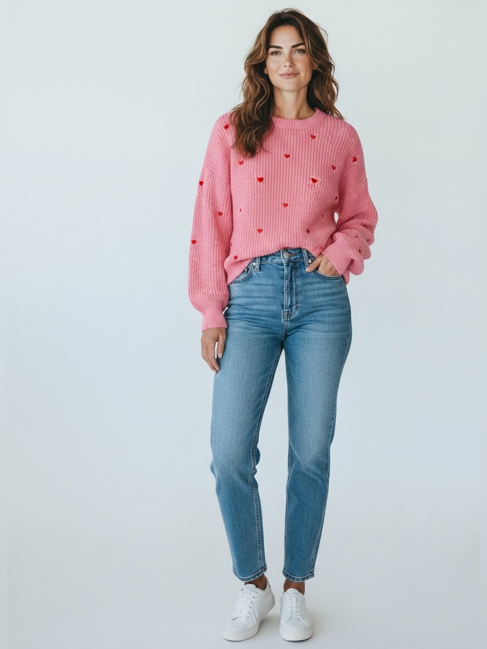 New Lucky Brand pink-red embroidered hearts Sweater L